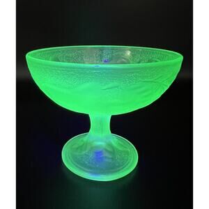 Neon Green Uranium Glass Fruit Embossed Footed Sherbet Bowl Cup 4”